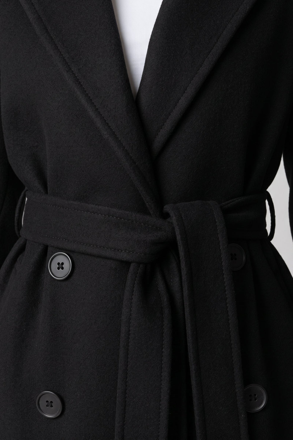 Women's Belted Coat | Double-Breasted — Black — detail — on model