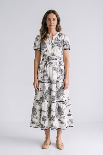 Women's Fall Wedding Guest Maxi Dress | Toile Print Tiered — Black — front view — on model