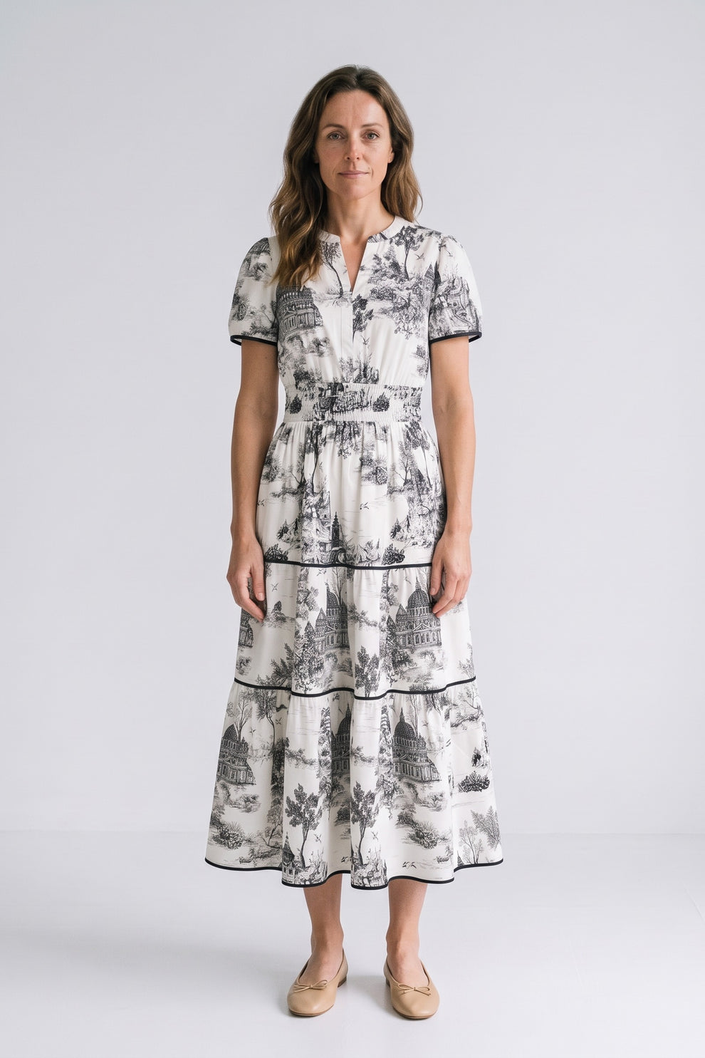 Women's Fall Wedding Guest Maxi Dress | Toile Print Tiered — Black — front view — on model