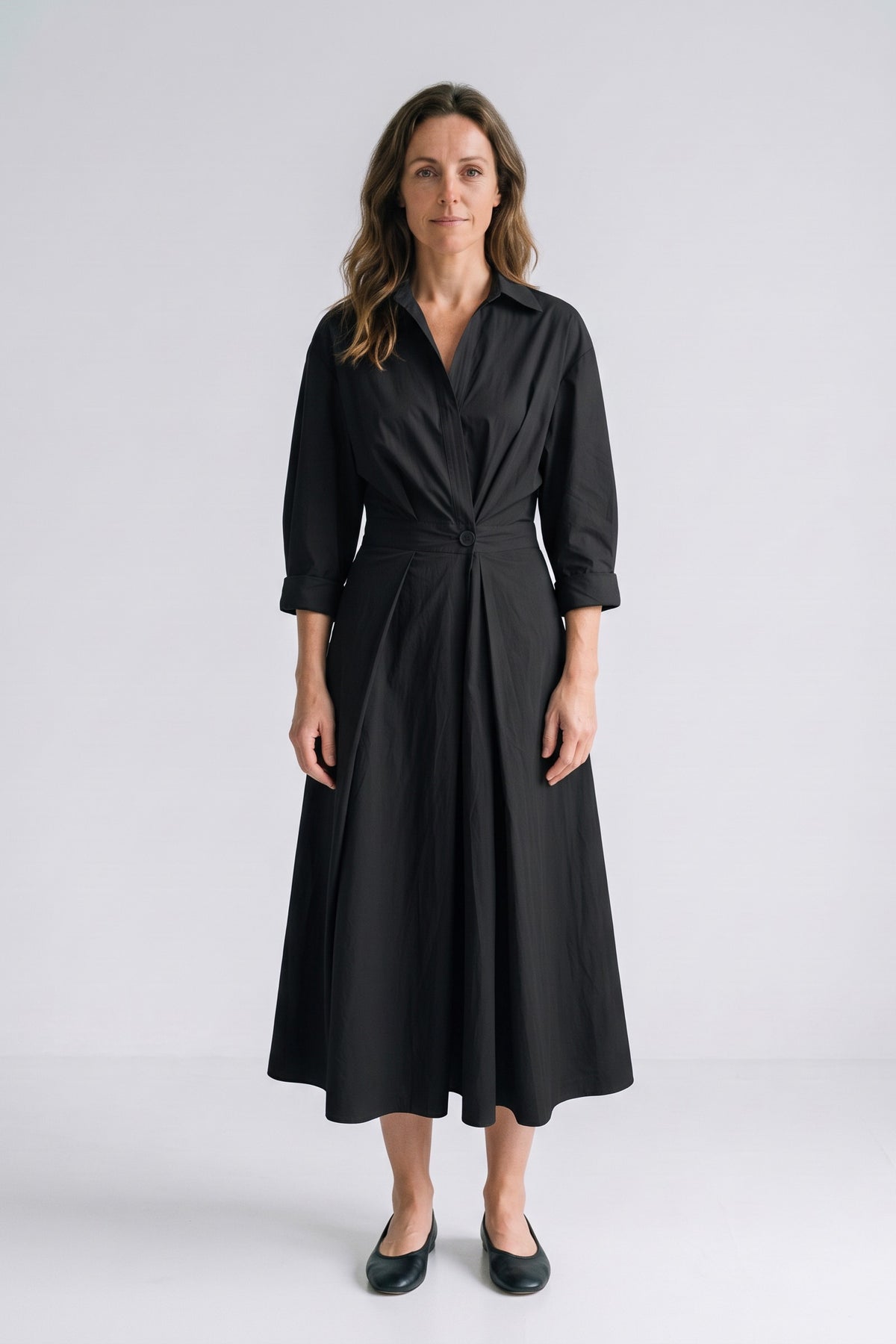 Women's Fall Wedding Guest Dress | Plus Size Long Sleeve Maxi Shirt — Black — front view — on model