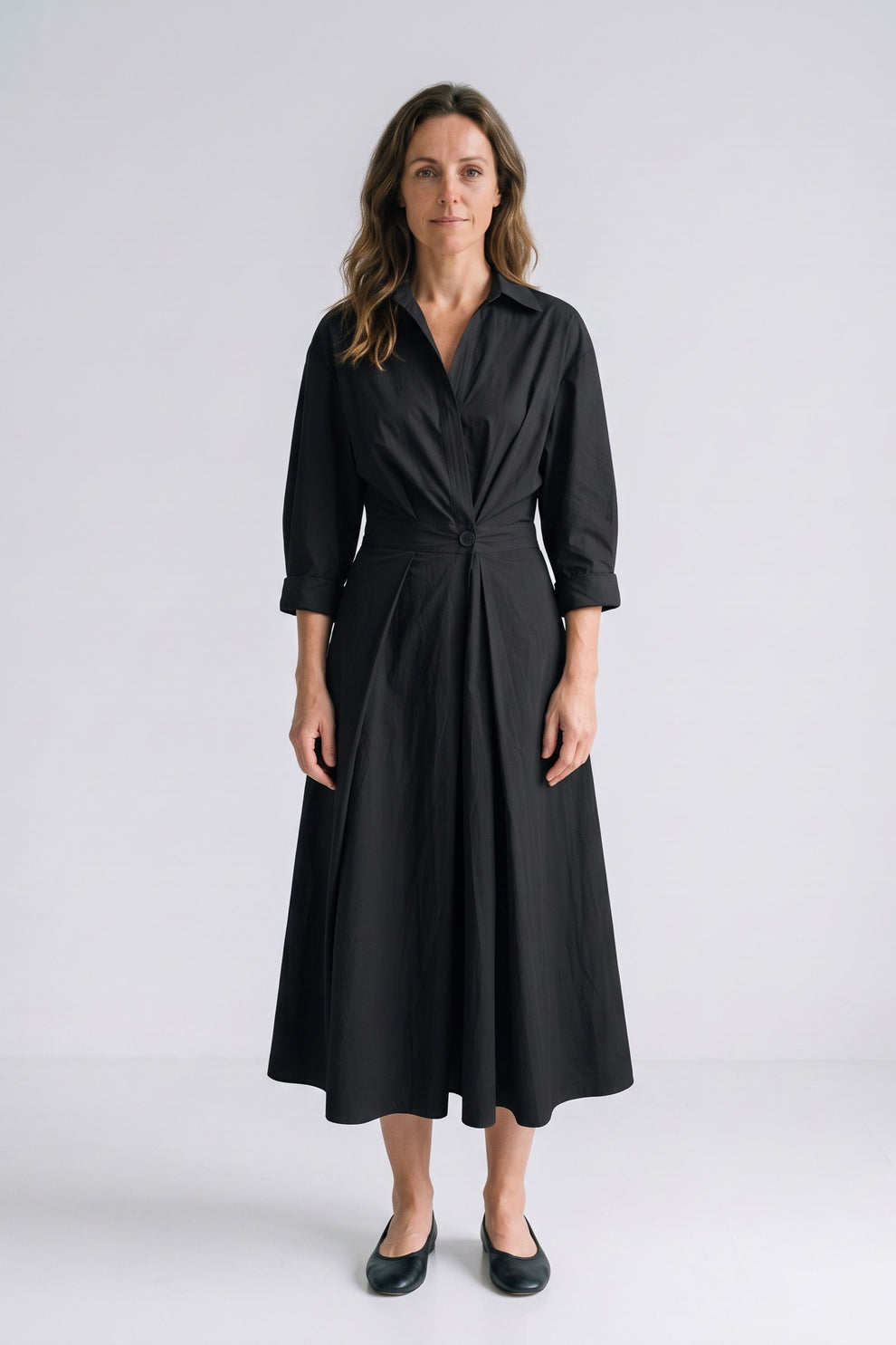 Women's Fall Wedding Guest Dress | Plus Size Long Sleeve Maxi Shirt — Black — front view — on model