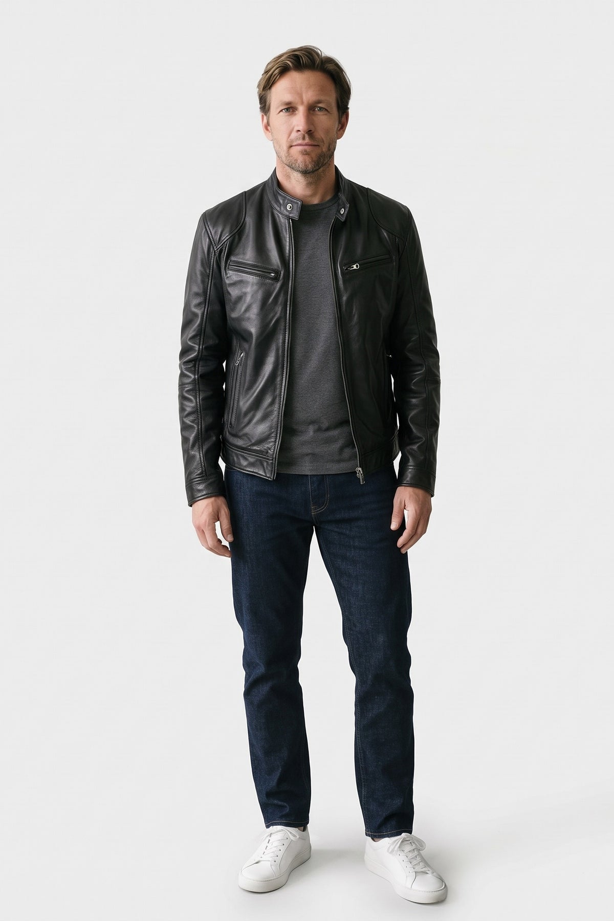 Men's Biker Jacket | Stand-Up Collar — Black — front view — on model