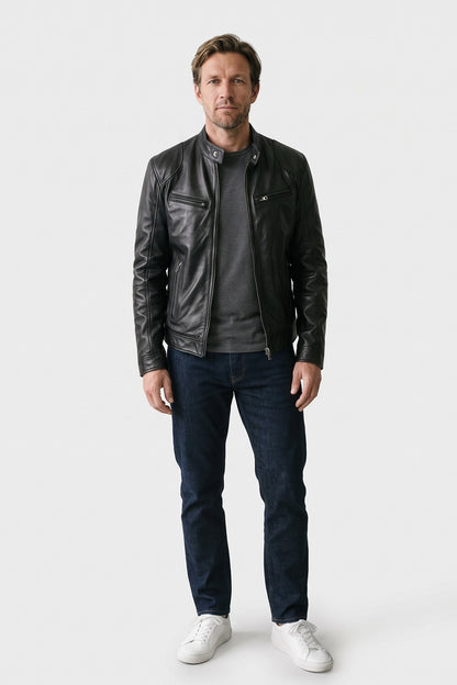 Men's Biker Jacket | Stand-Up Collar — Black — front view — on model