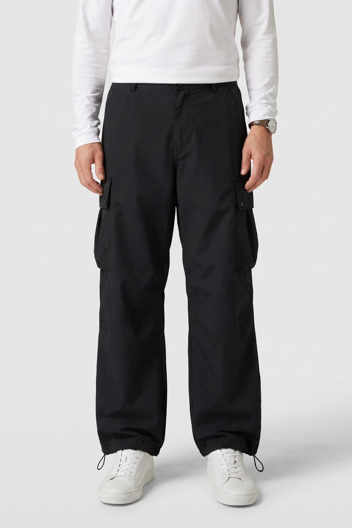 Men's Baggy Cargo Pants | Wide-Leg — Black — front view — on model