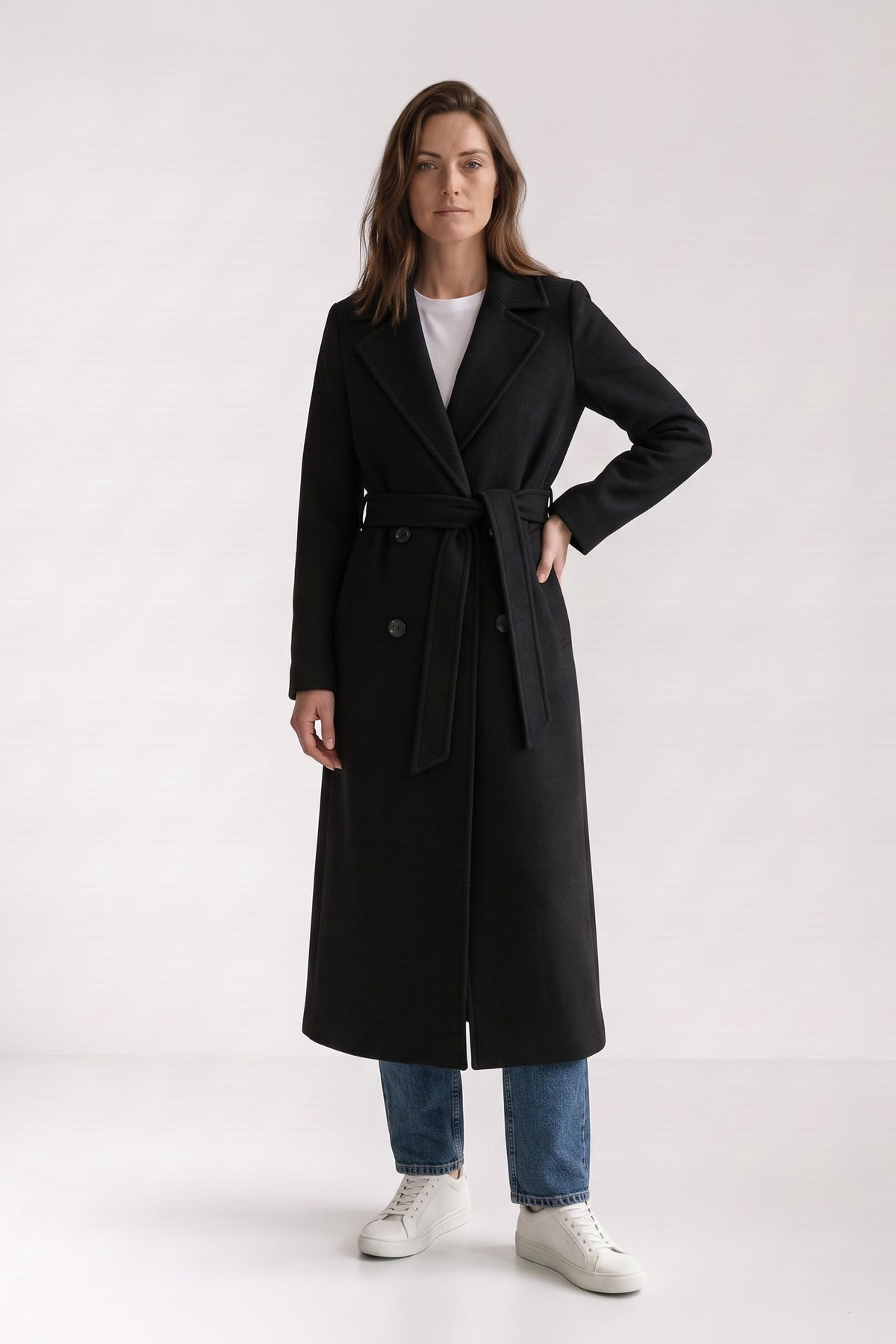 Women's Belted Coat | Double-Breasted — Black — front view — on model