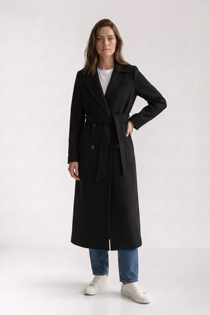 Women's Belted Coat | Double-Breasted — Black — front view — on model