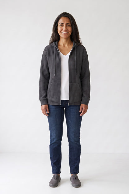 Women's Zip-Up Jacket | Hooded — Black — front view — on model