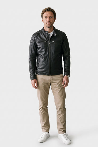 Men's Motorcycle Jacket | Slim Biker Fit — Black — front view — on model