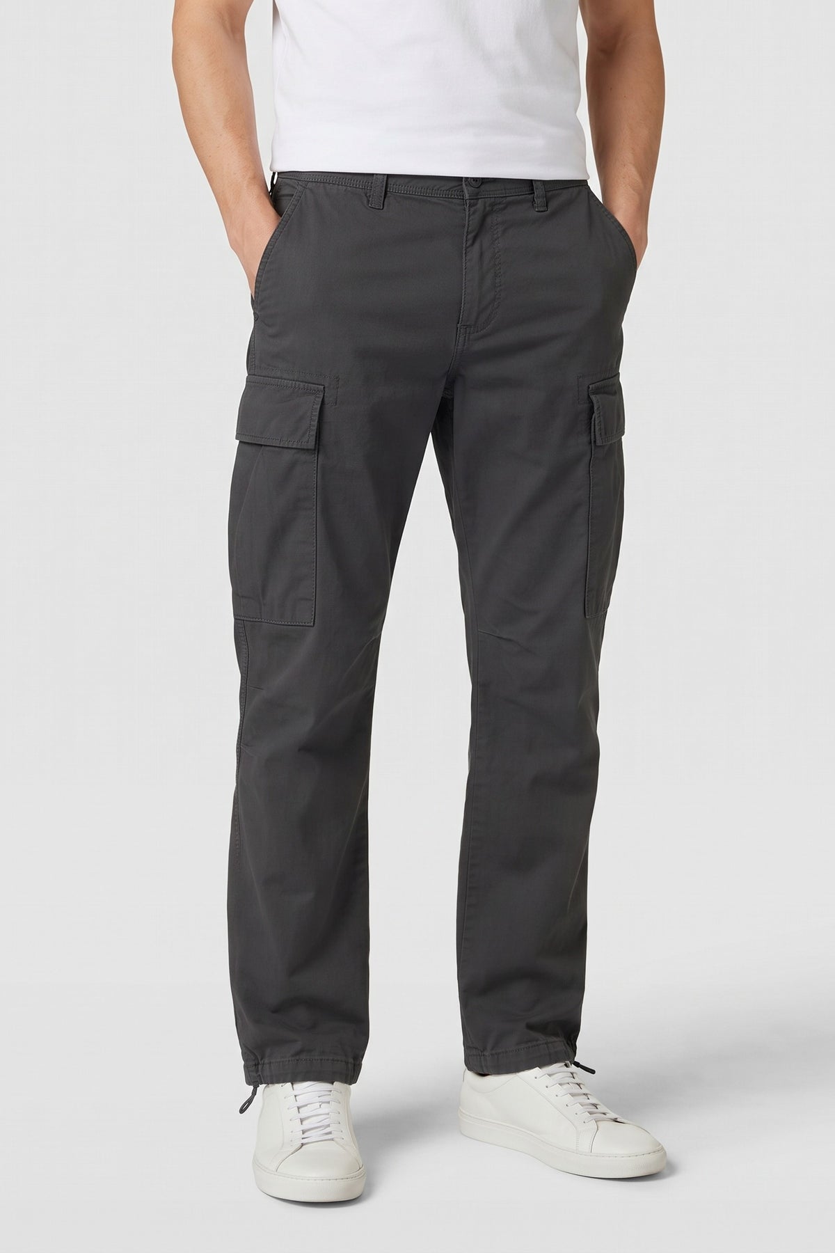 Men's Cargo Pants | Drawstring Ankle Cuffs — Black — front view — on model