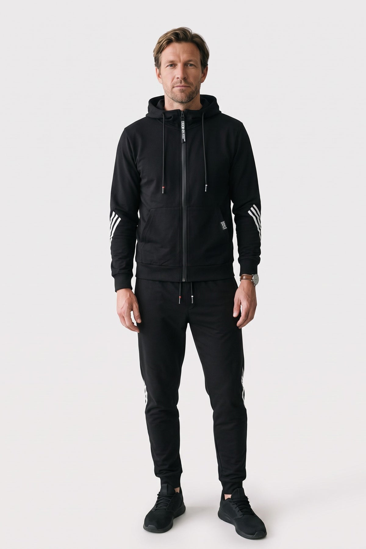 Men's Zip-Up Tracksuit Set | Striped Trim — Black — front view — on model