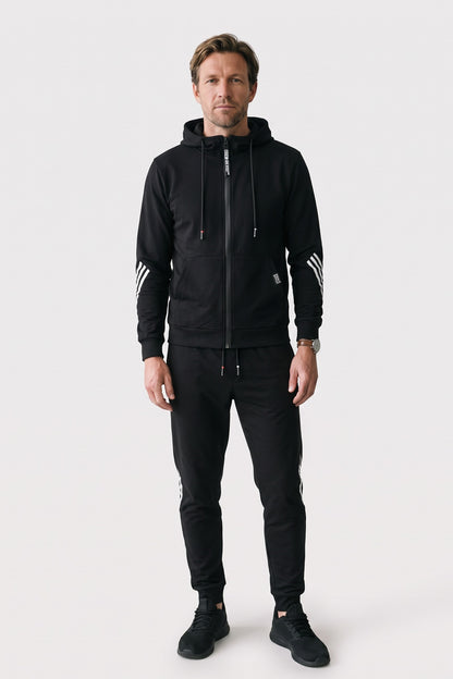 Men's Zip-Up Tracksuit Set | Striped Trim — Black — front view — on model