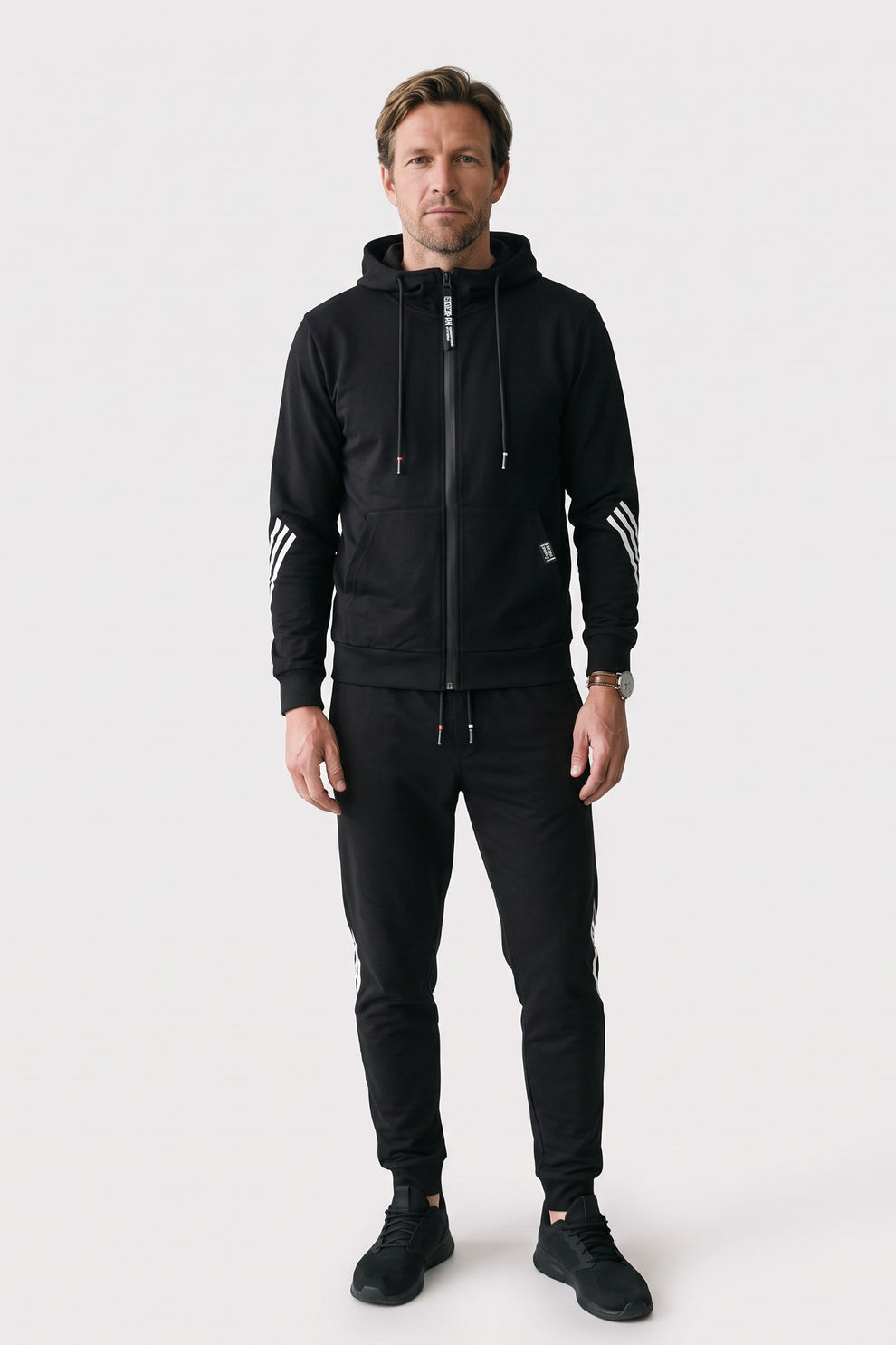 Men's Zip-Up Tracksuit Set | Striped Trim — Black — front view — on model