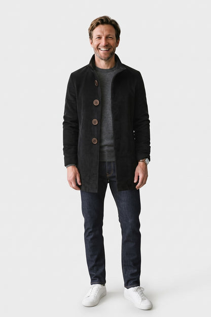 Men's Stand Collar Jacket | Button Front — Black — front view — on model
