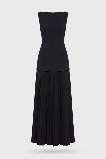 Women's Wedding Guest Two Piece Skirt Set | Pleated Maxi and Top — Black — packshot