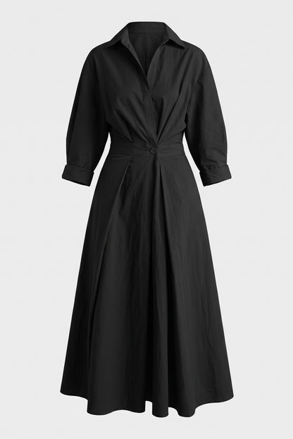 Women's Fall Wedding Guest Dress | Plus Size Long Sleeve Maxi Shirt — Black — packshot