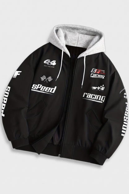 Men's hooded bomber jacket with racing graphic print and ribbed cuffs – Black — packshot