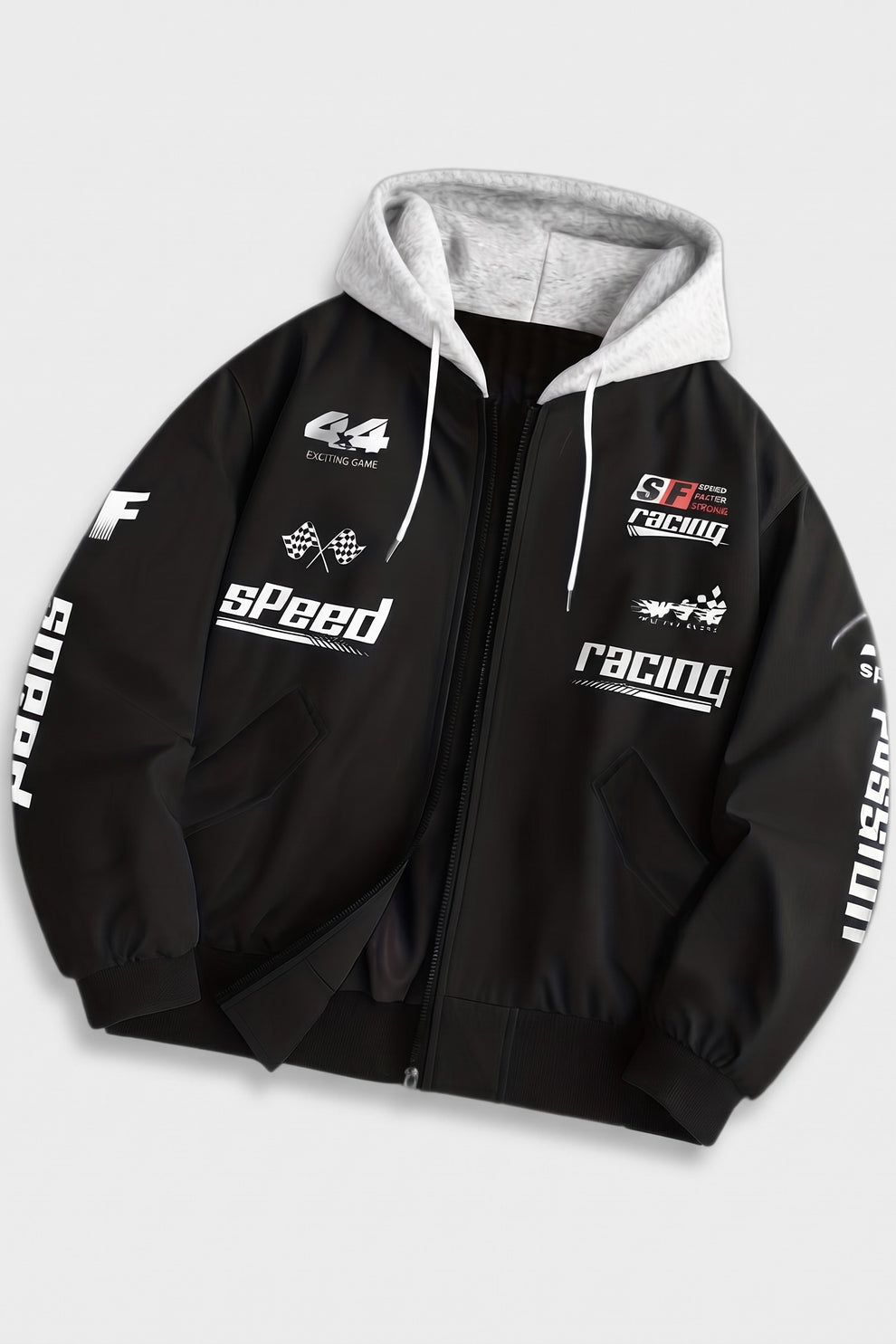 Men's hooded bomber jacket with racing graphic print and ribbed cuffs – Black — packshot