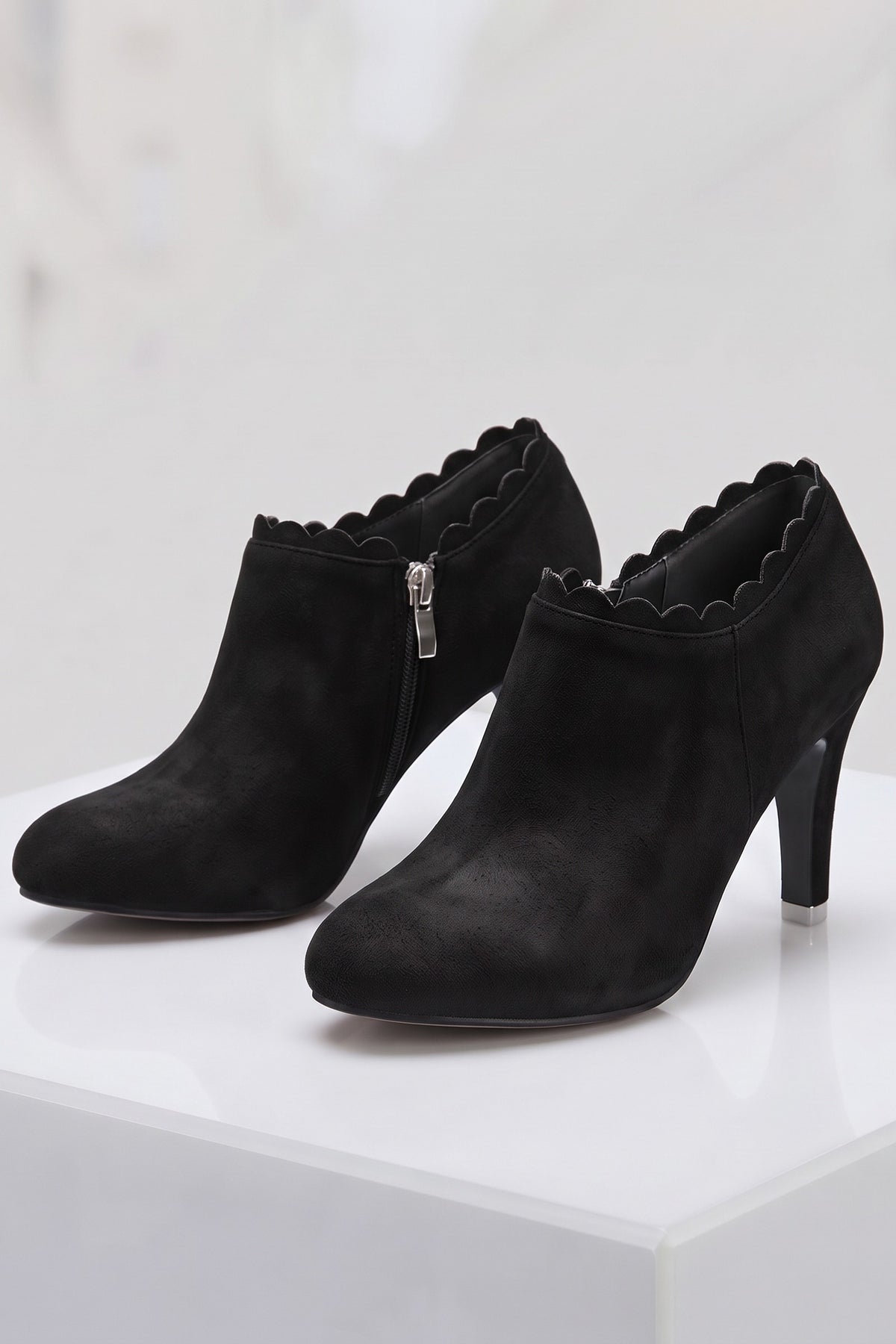 Women's Scalloped Ankle Boots | Zip Side — Black — shoe_main — on model
