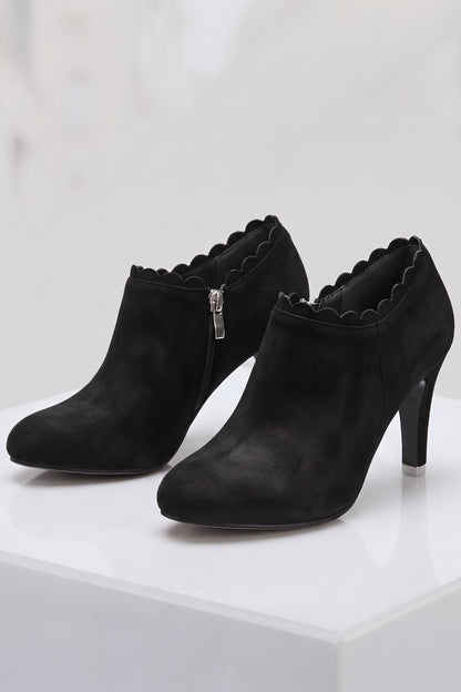 Women's Scalloped Ankle Boots | Zip Side — Black — shoe_main — on model
