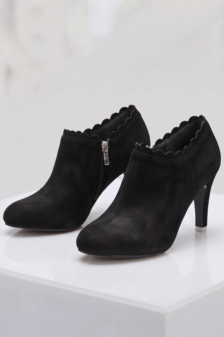 Women's Scalloped Ankle Boots | Zip Side — Black — shoe_main — on model
