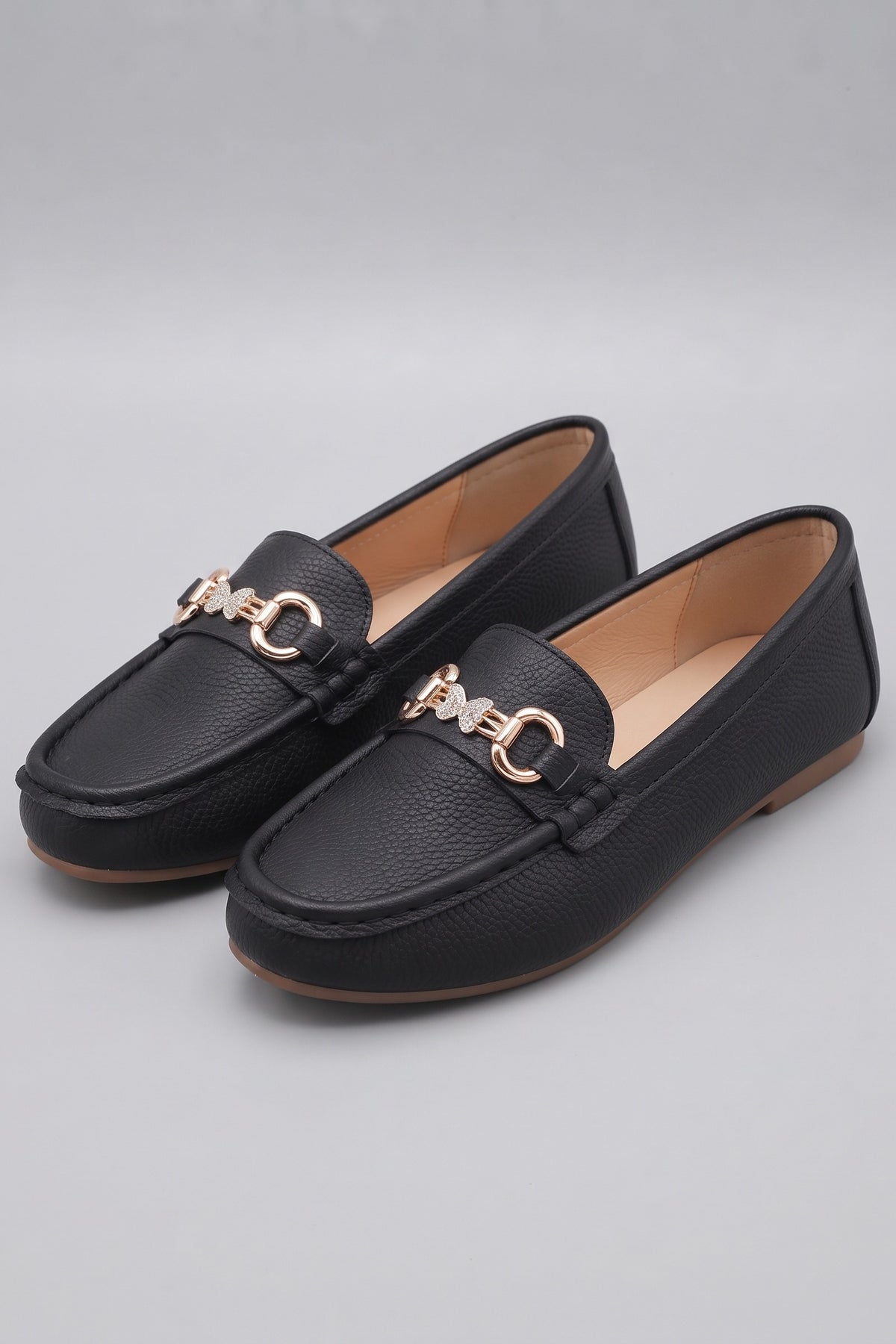 Women's Slip-On Loafers | Butterfly Buckle — Black — shoe_main — on model