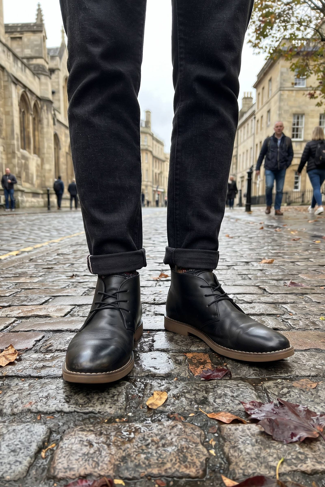 Men's Lace-Up Desert Boots | Round Toe — Black — shoe_worn — on model