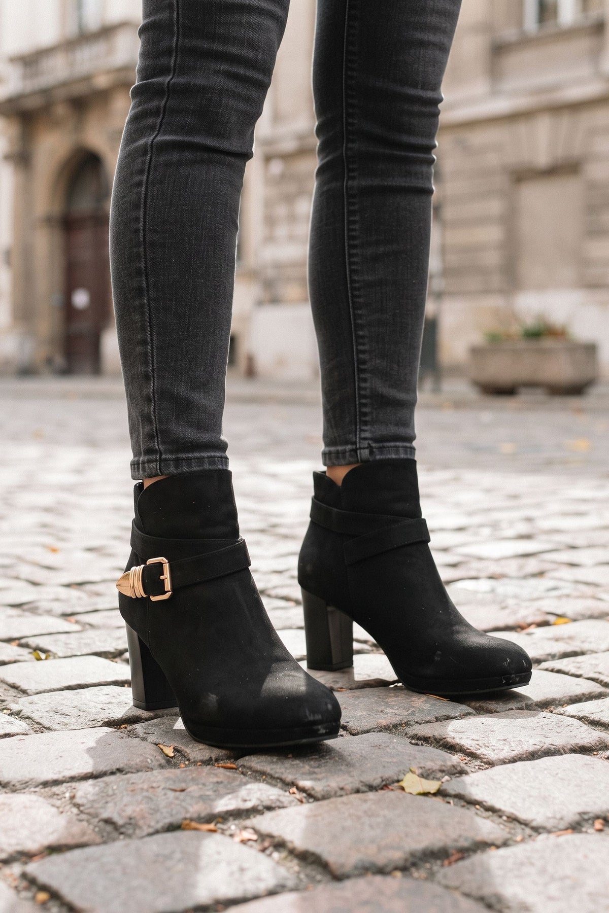 Women's Buckle Ankle Boots | Block Heel — Black — shoe_worn — on model