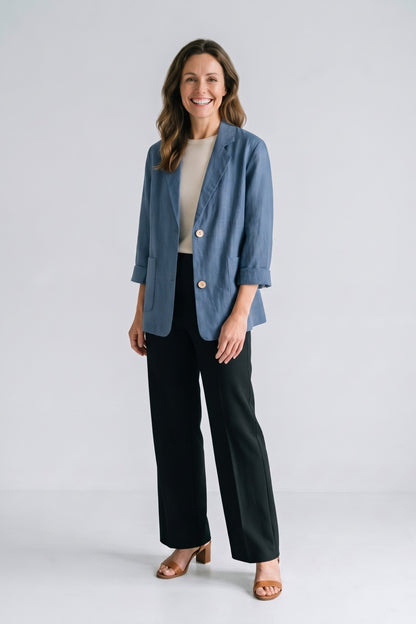 Women's Notched Lapel Blazer | Curved Hem — Blue — front view — on model