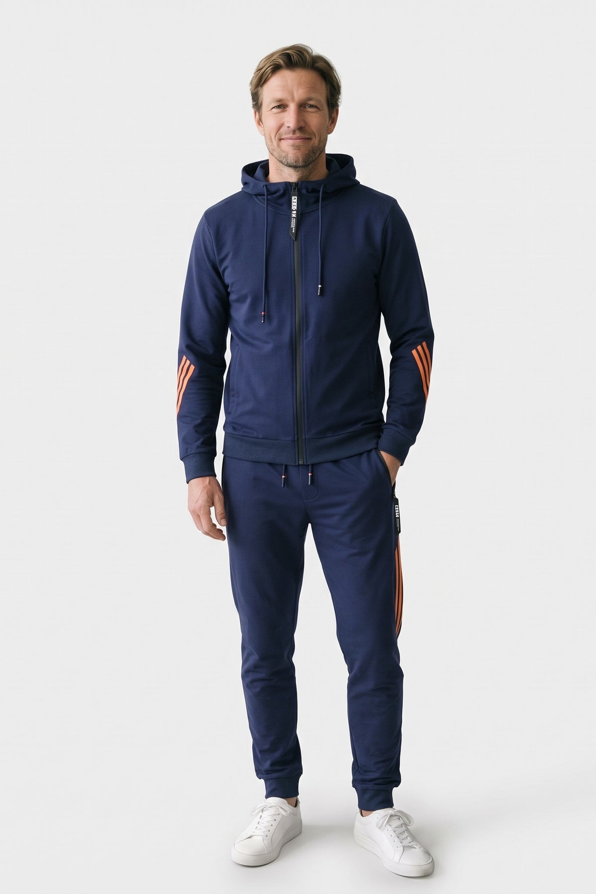 Men's Zip-Up Tracksuit Set | Striped Trim — Blue — front view — on model
