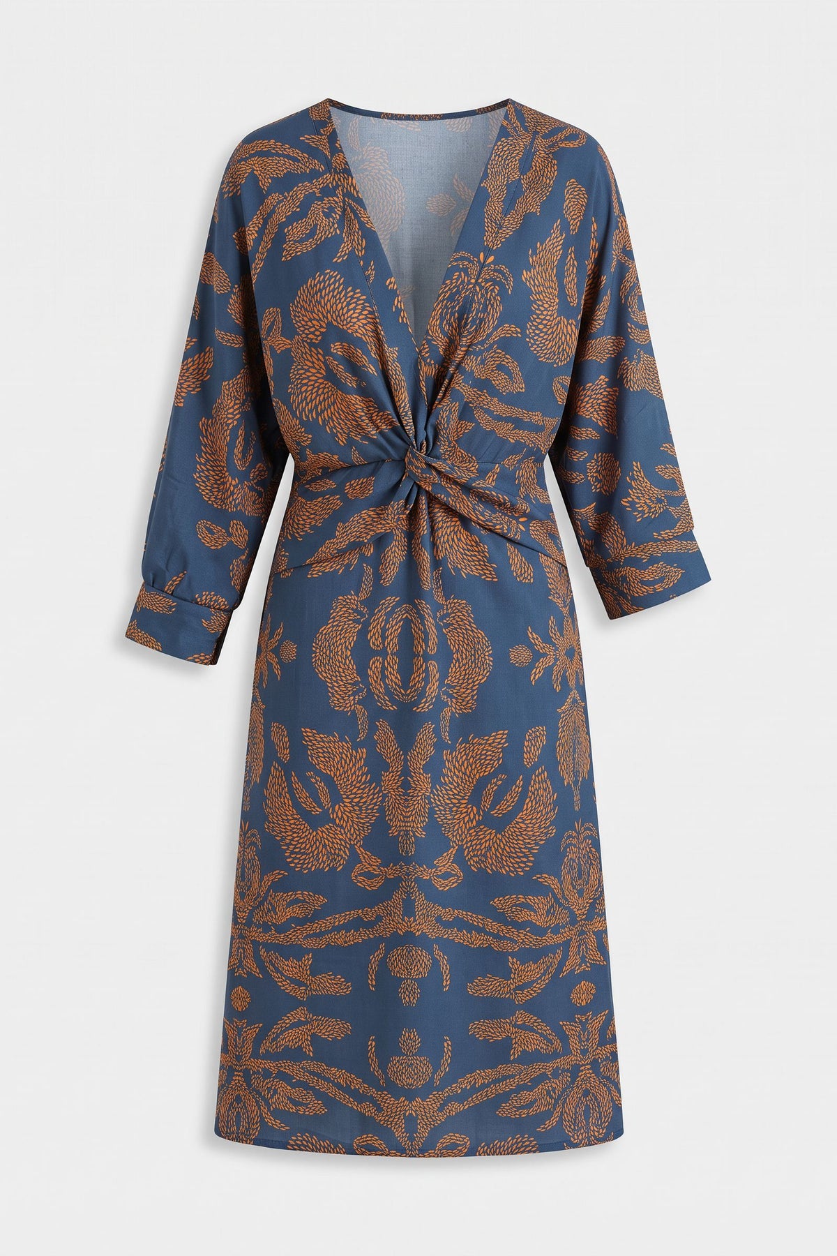 Women's Fall Wedding Guest Dress | Long Sleeve Twist Midi — Blue — packshot