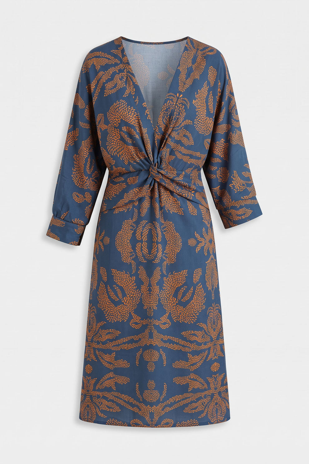 Women's Fall Wedding Guest Dress | Long Sleeve Twist Midi — Blue — packshot