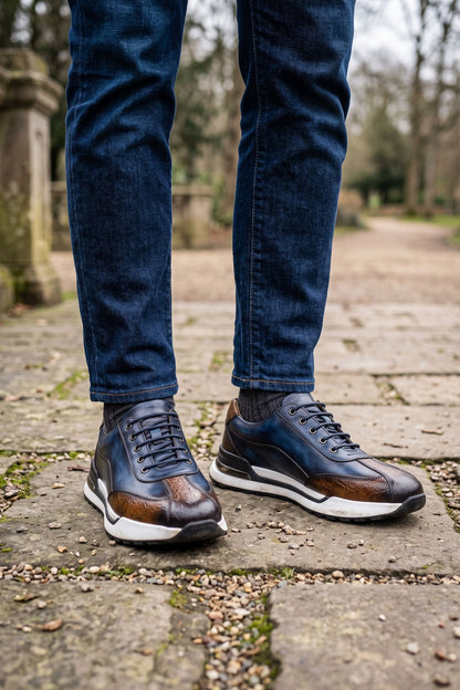Men's Casual Sneaker | Croc Toe Sole — Blue — shoe_worn — on model
