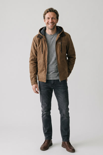 Men's Hooded Jacket | Zip Chest Pocket — Brown — front view — on model