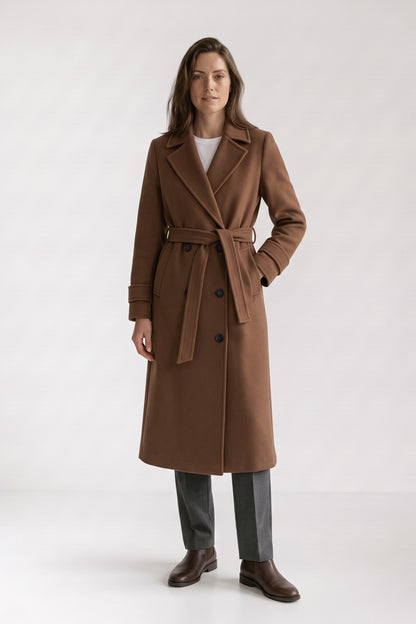 Women's Belted Coat | Double-Breasted — Brown — front view — on model