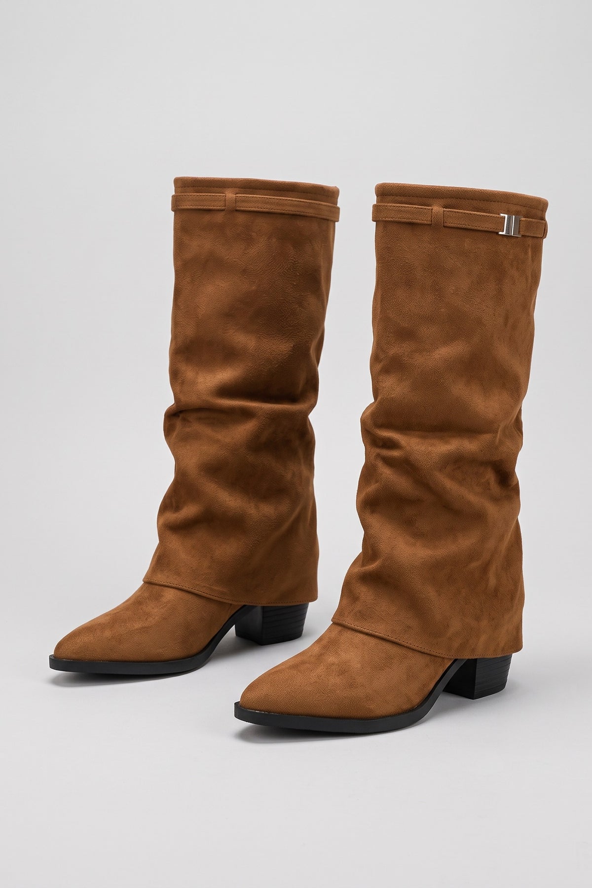 Women's Fold-Over Boots | Knee-High — Brown — shoe_main — on model
