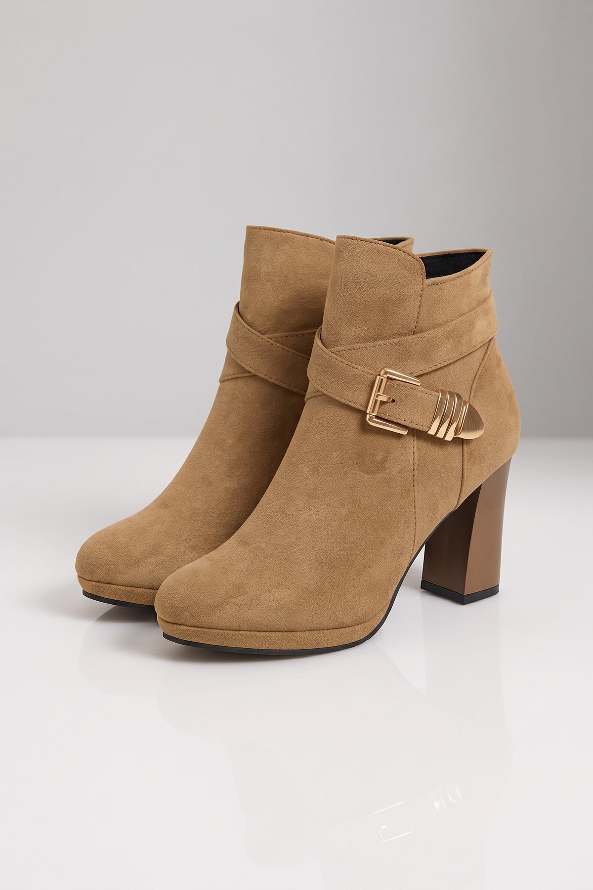 Women's Buckle Ankle Boots | Block Heel — Brown — shoe_main — on model