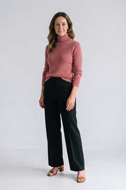 Women's Fitted Turtleneck Sweater | Ribbed — Burgundy — front view — on model