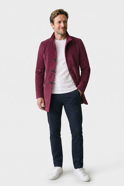 Men's Stand Collar Jacket | Button Front — Burgundy — front view — on model