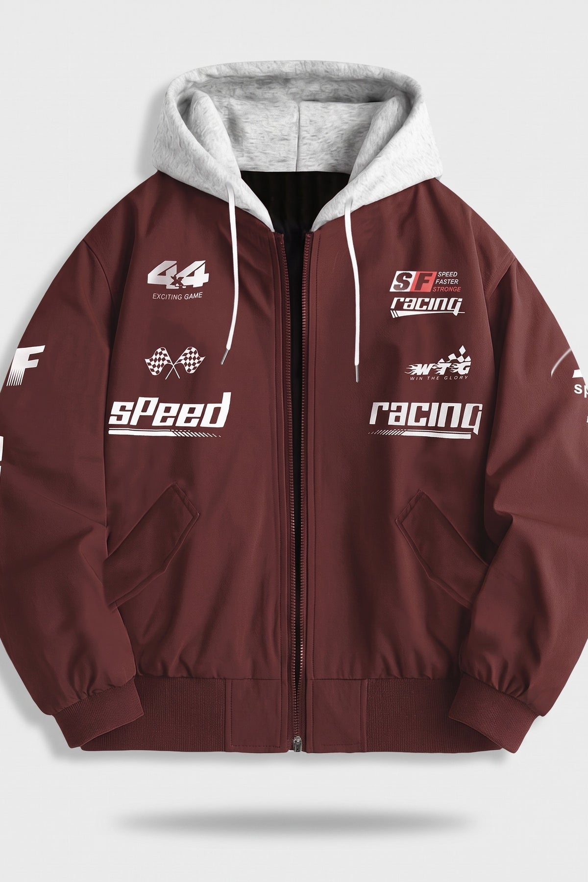 Men's hooded bomber jacket with racing graphic print and ribbed cuffs – Burgundy — packshot