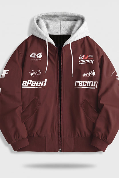 Men's hooded bomber jacket with racing graphic print and ribbed cuffs – Burgundy — packshot