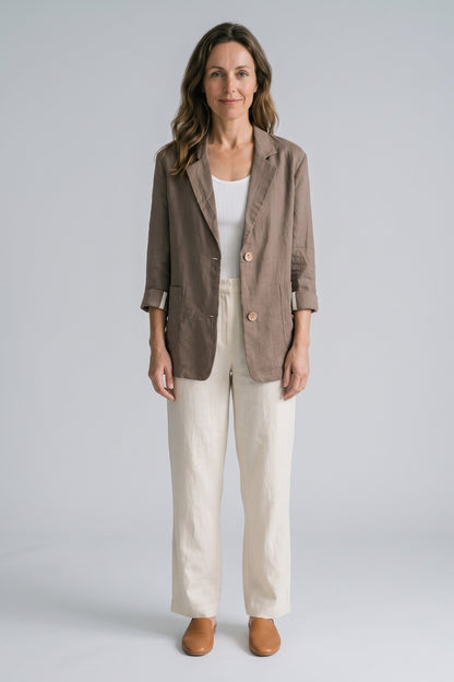 Women's Notched Lapel Blazer | Curved Hem — Camel — front view — on model