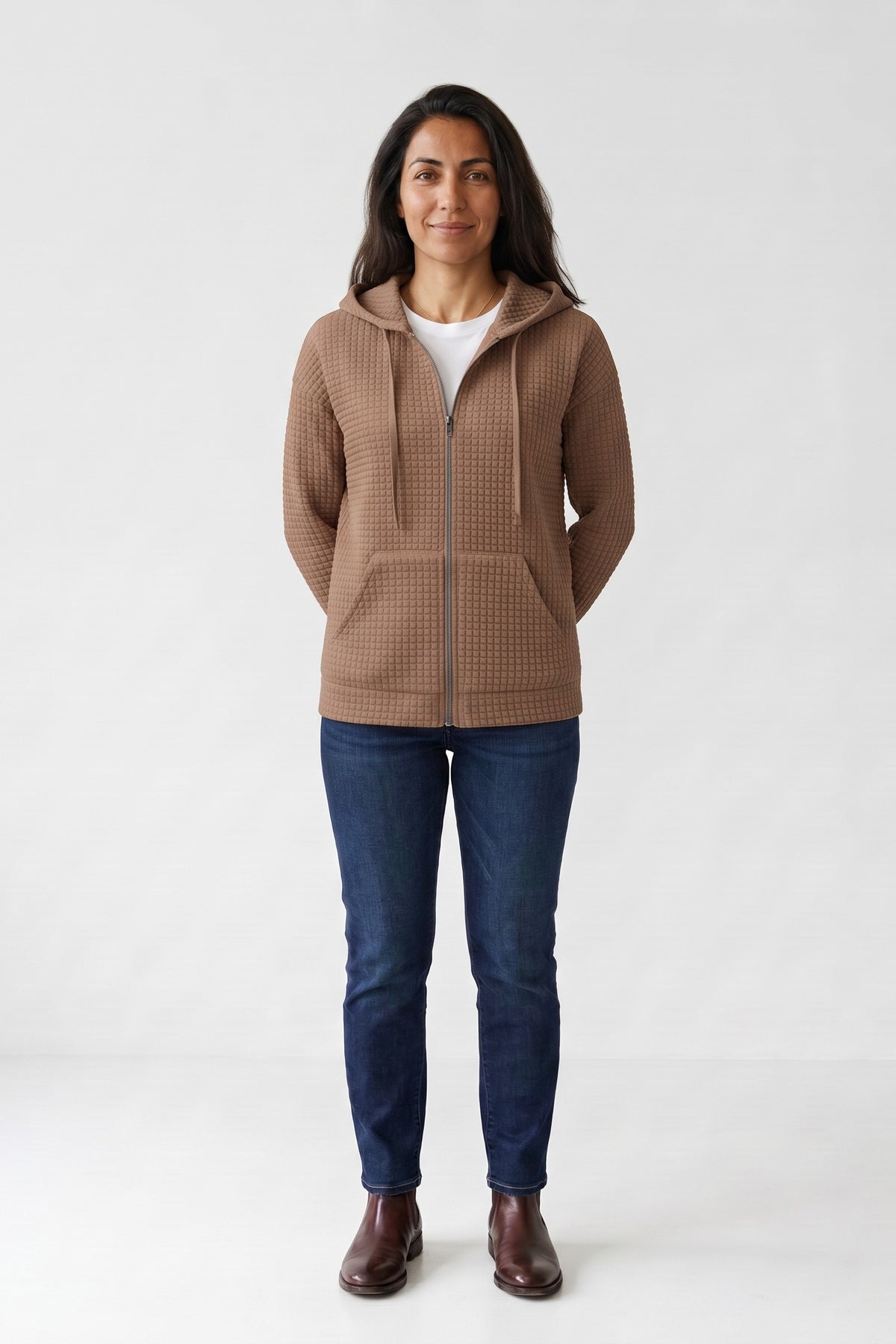 Women's Zip-Up Jacket | Hooded — Camel — front view — on model