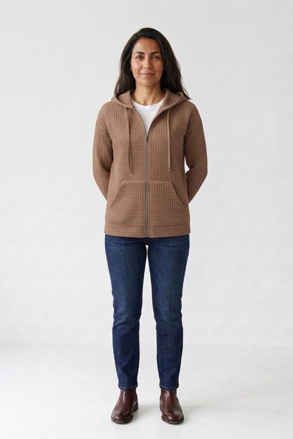 Women's Zip-Up Jacket | Hooded — Camel — front view — on model
