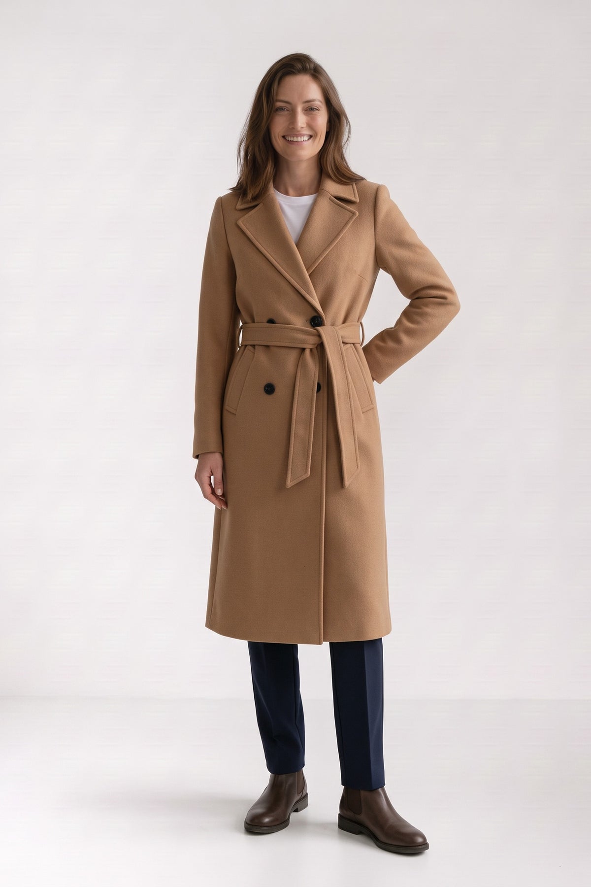 Women's Belted Coat | Double-Breasted — Camel — front view — on model