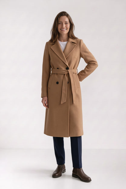 Women's Belted Coat | Double-Breasted — Camel — front view — on model