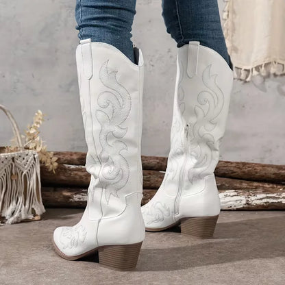 Women's knee-high cowboy boots with pointed toe and scroll embroidery – 13
