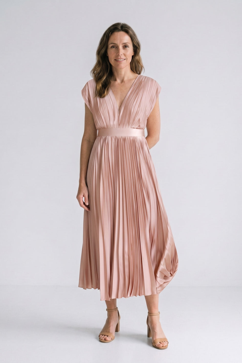 Women's Fall Wedding Guest Dress | Pleated V-Neck Midi — Champagne — front view — on model