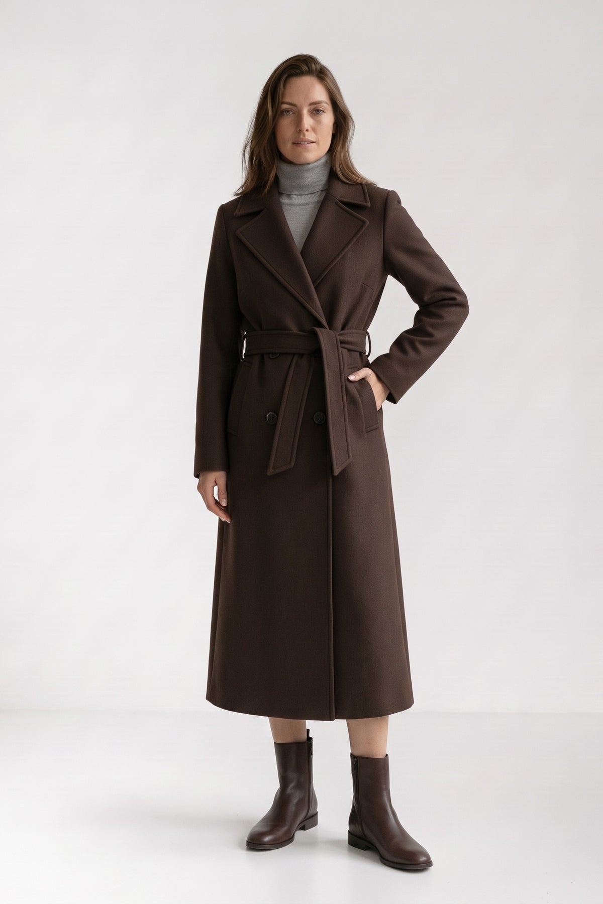 Women's Belted Coat | Double-Breasted — Chocolate Brown — front view — on model