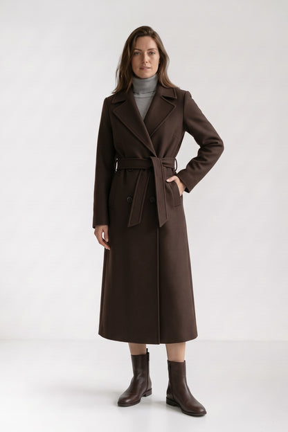 Women's Belted Coat | Double-Breasted — Chocolate Brown — front view — on model