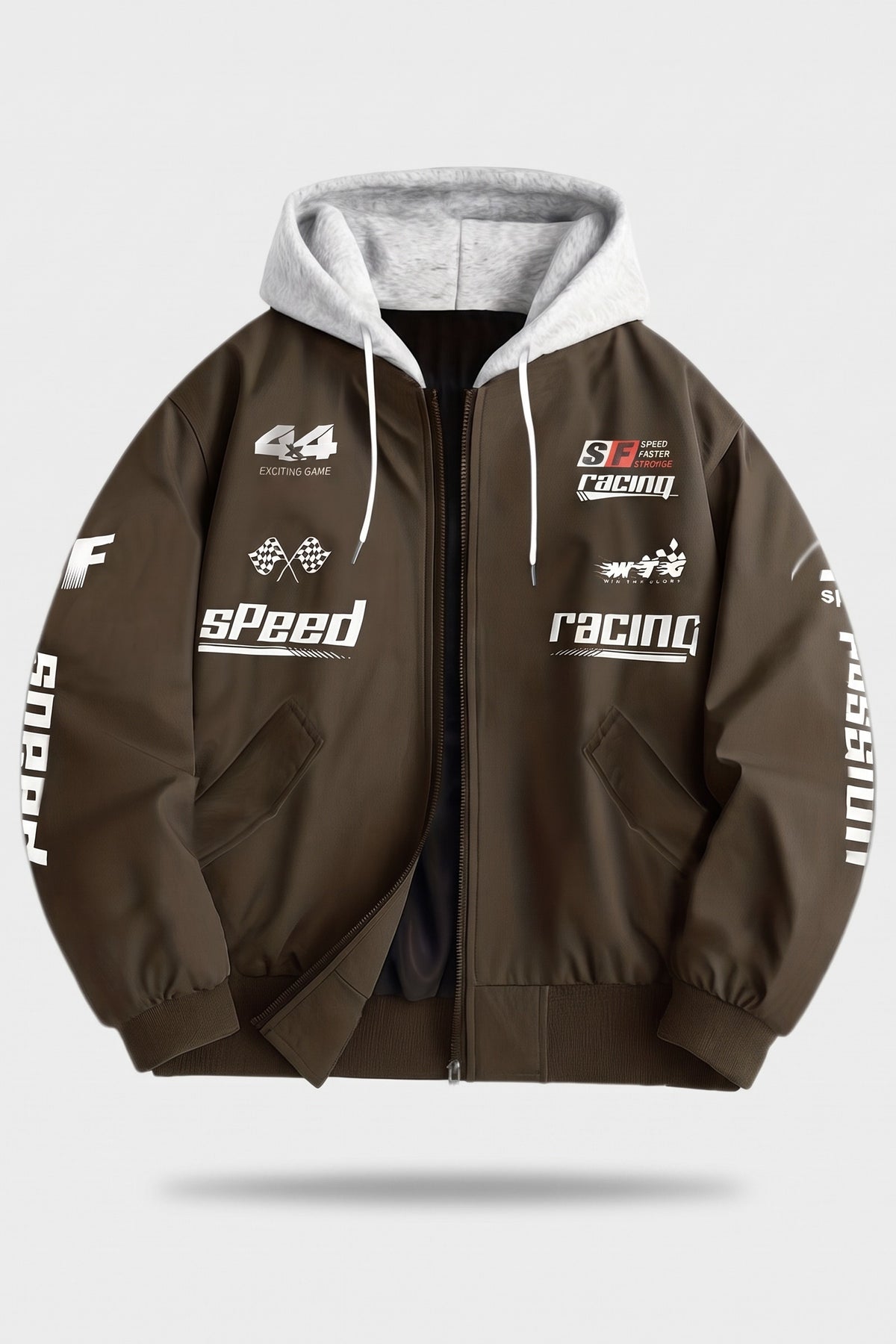 Men's hooded bomber jacket with racing graphic print and ribbed cuffs – Coffee Brown — packshot